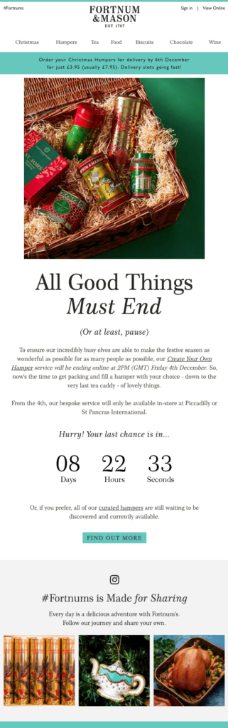 Fortnum & Mason countdown timer in email