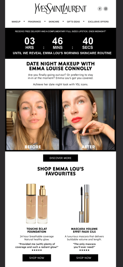 Yves Saint Laurent countdown timer in email