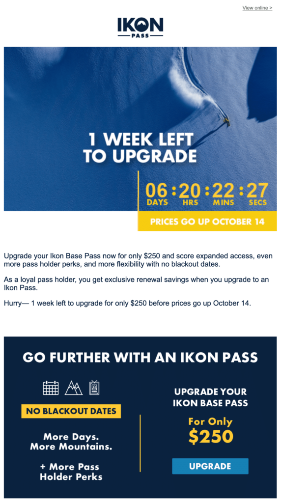 IKON PASS Countdown timer in email