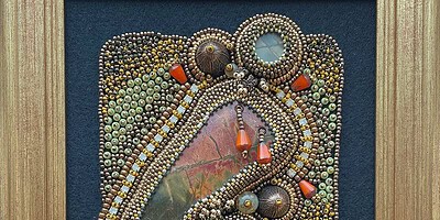 San Fortune "Warm in the Night" framed bead embroidery panel with large Red Creek Jasper, 2 small Red Creek Jasper, 2 copper cap beads, crystal cup chain and glass seed beads of various sizes $290. SOLD