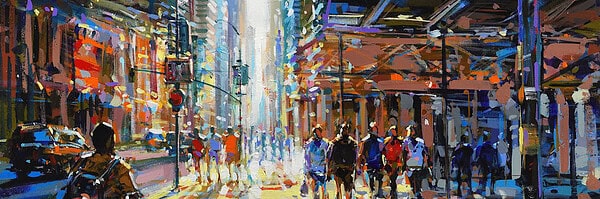 Richell Castellón "Group in NY II" original 12x24 acrylic painting on gallery wrapped canvas $620. SOLD