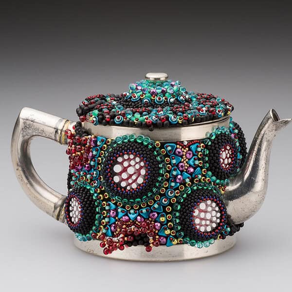 San Fortune "Spot of Tea” (View B) 6"Wx4"Dx3.5"H bead embroidery on 1920’s railcar teapot (White spotted glass discs by Penelope Rakov)