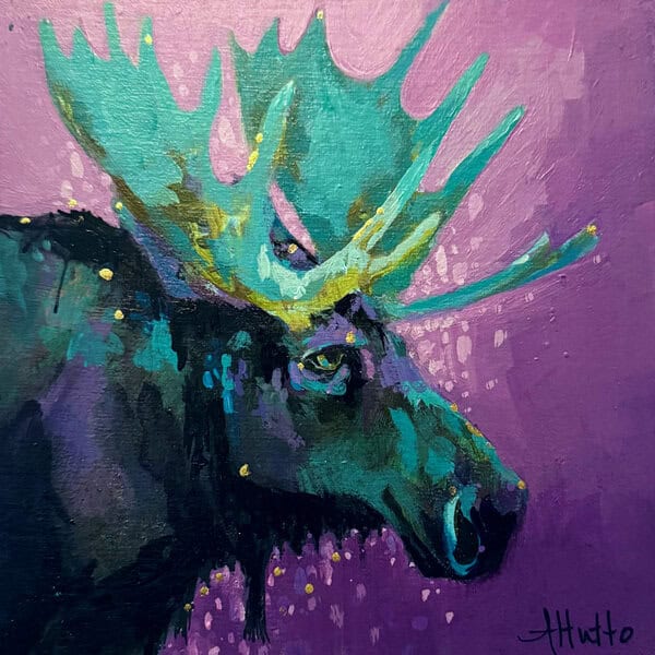 Amy Hutto "Brave Heart" (moose) 6x6 acrylic painting on cradled panel with genuine gold leaf accents $275.