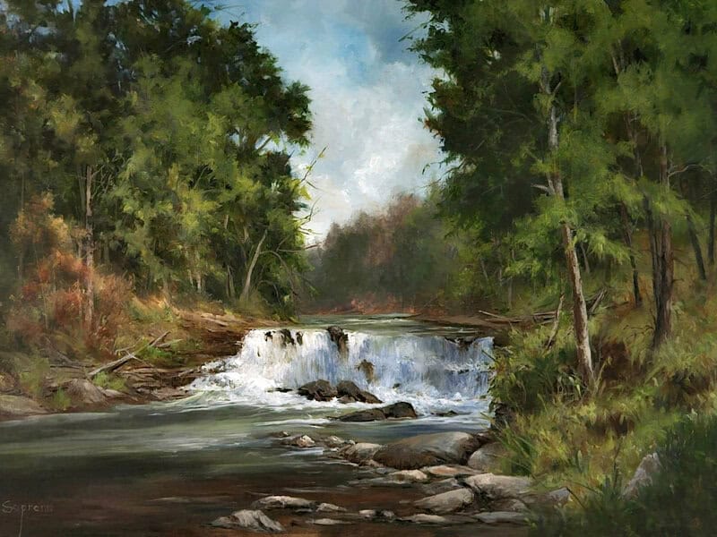 Judy Soprano "On Conesus Lake Outlet" original 18x24 oil painting $1,400.