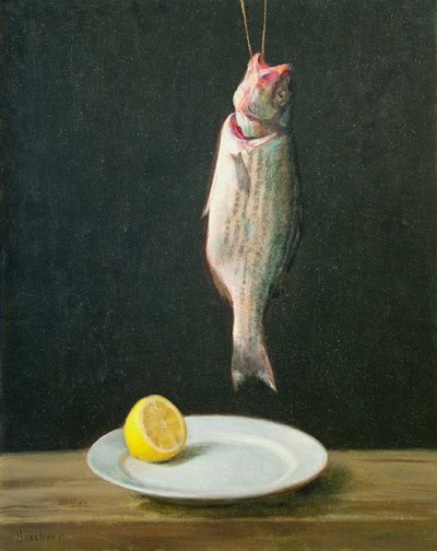 Thomas S. Buechner "Striped Bass and Lemon" 20x16 unframed oil $3,190.