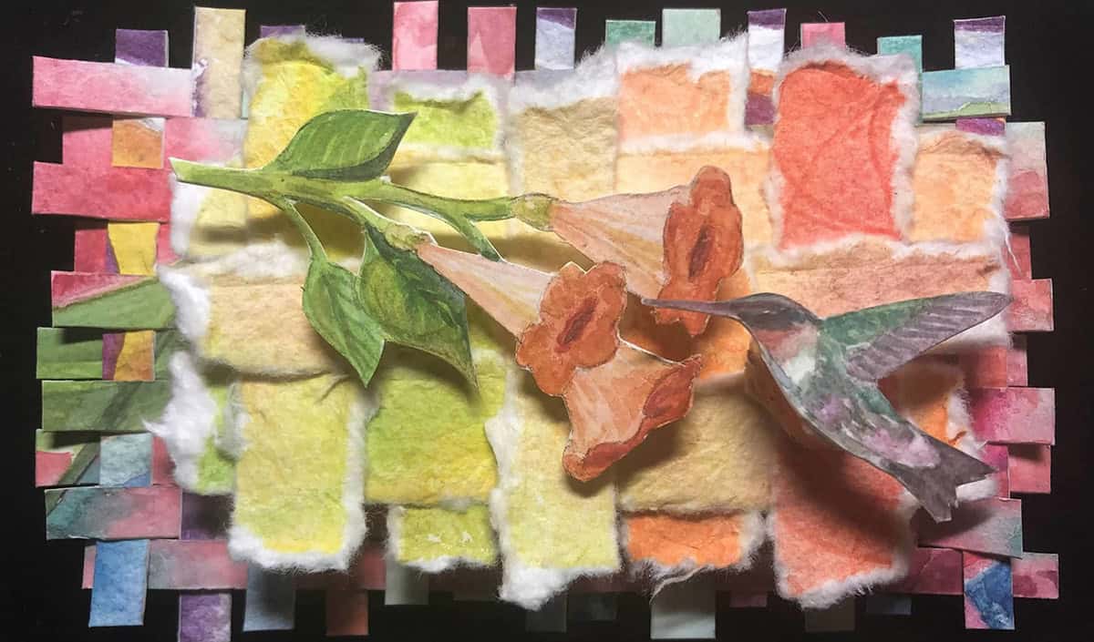 Cynthia Cratsley "Hummingbird on Trumpet Vine" 7x4 watercolor $95.