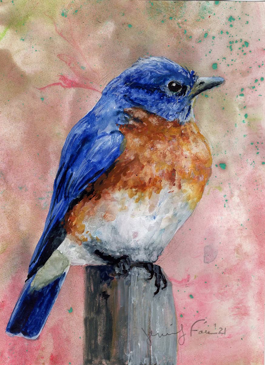 Jennifer Fais "Bluebird on Mars" 5x4 watercolor on marbleized paper $160. SOLD