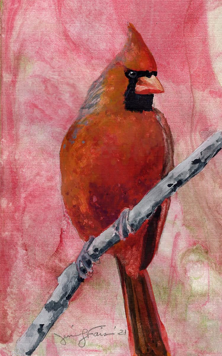 Jennifer Fais "Cardinal on Mars" 5x3 watercolor on marbleized paper $140.