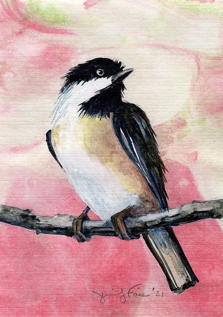 Jennifer Fais "Chickadee on Mars" 5x3.5 watercolor on marbleized paper $140.