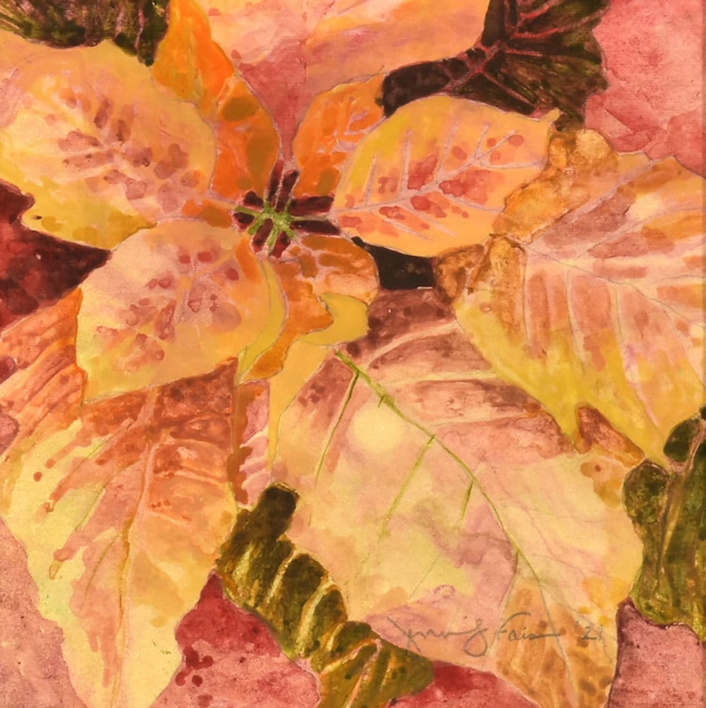 Jennifer Fais "Gold Poinsettia on Mars" 5x5 watercolor on marbleized paper $160.