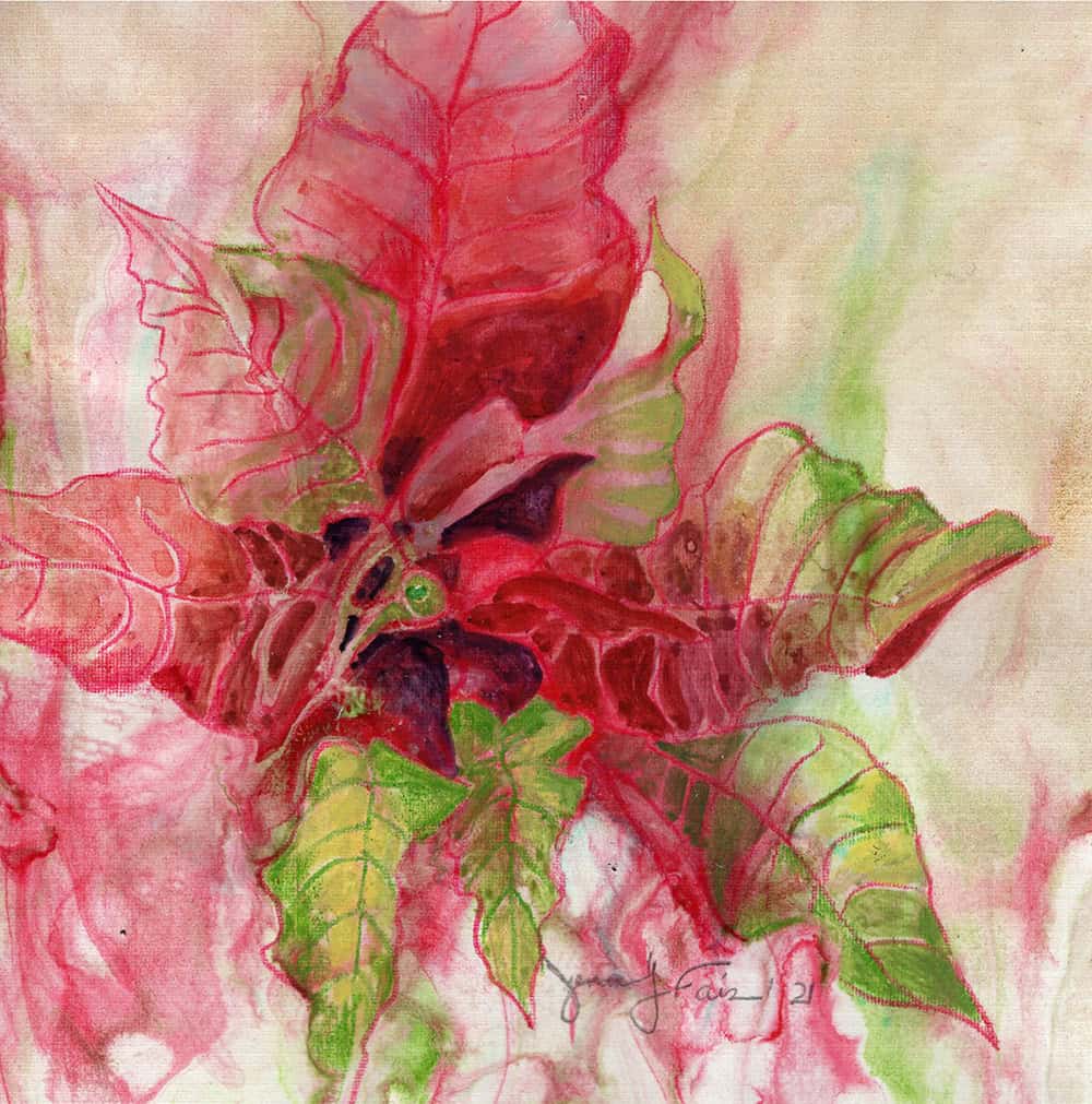 Jennifer Fais "Red Poinsettia on Mars" 5x5 watercolor on marbleized paper $160.