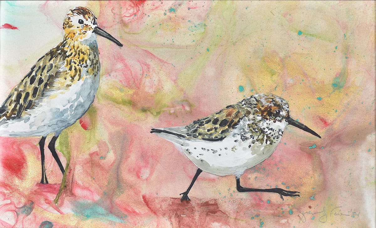 Jennifer Fais "Sandpipers on Mars" 9.5x6 watercolor on marbleized paper $190.