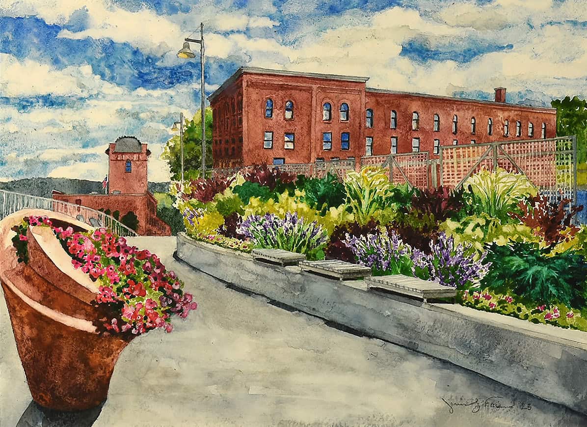 Jennifer Fais "Walking Bridge in Bloom" 15x19 watercolor/acrylic $450.