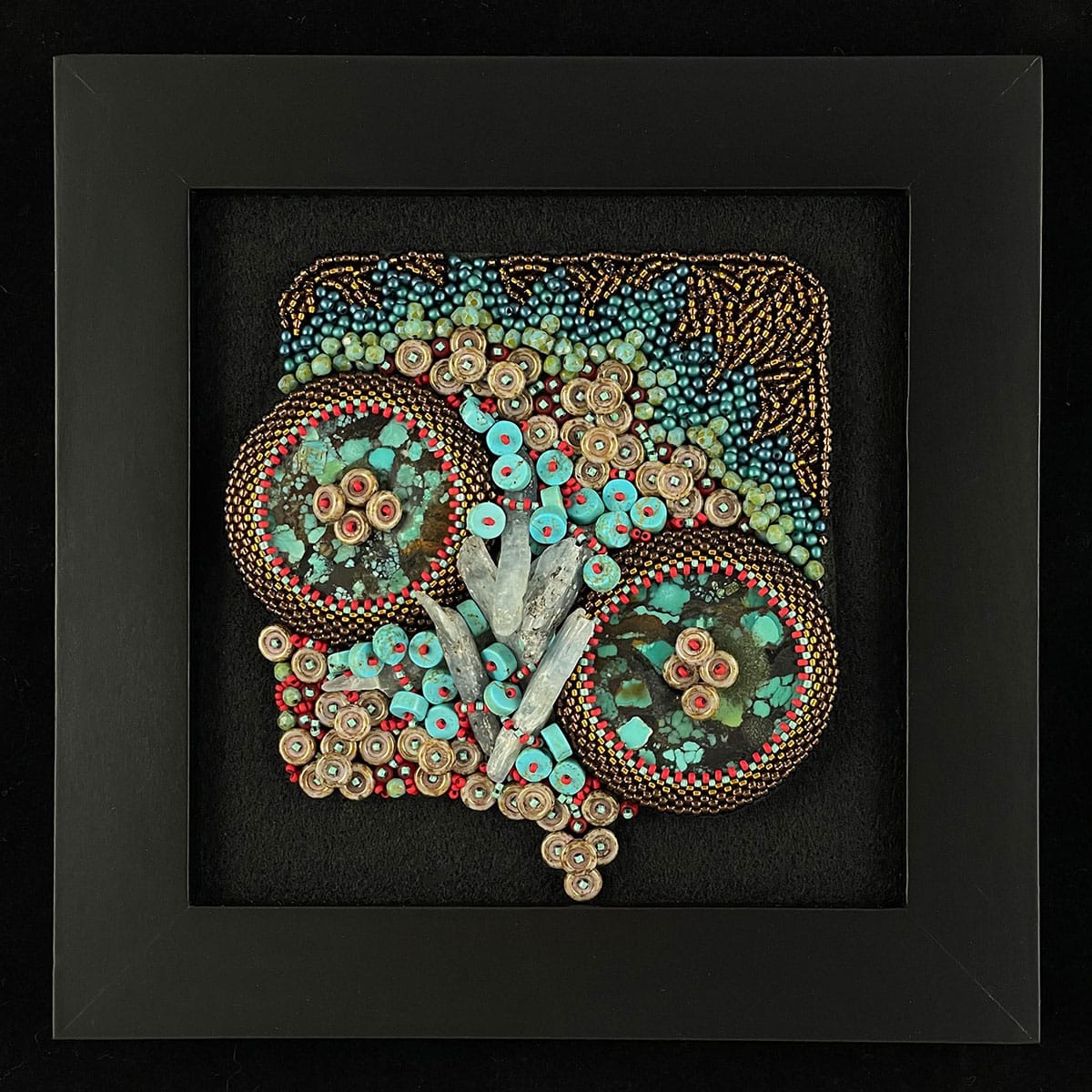 San Fortune "Next to the Ocean" 3.5x3.5 bead embroidery on framed panel (Focal - two Mexican turquoise donuts) $275.