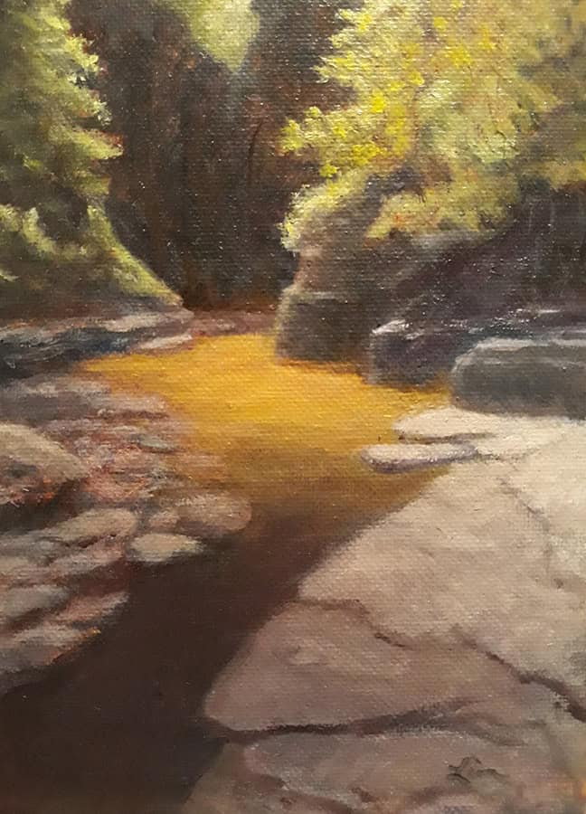 Lin Gardner "Sunlit Glen" 7x5 oil $250. SOLD
