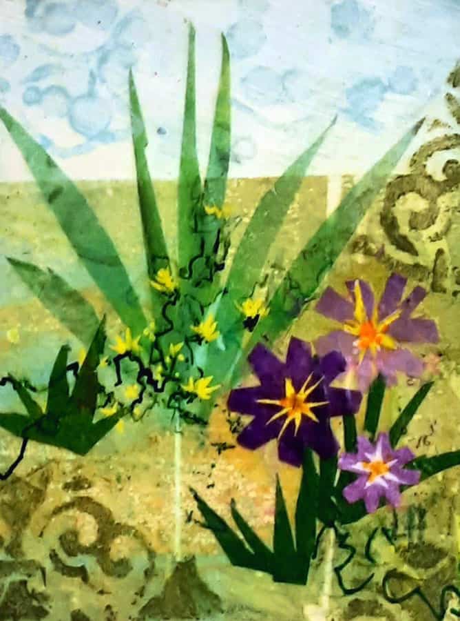Linda Hansee "Garden Flowers" 3.5x2.5 acrylic/collage $150.