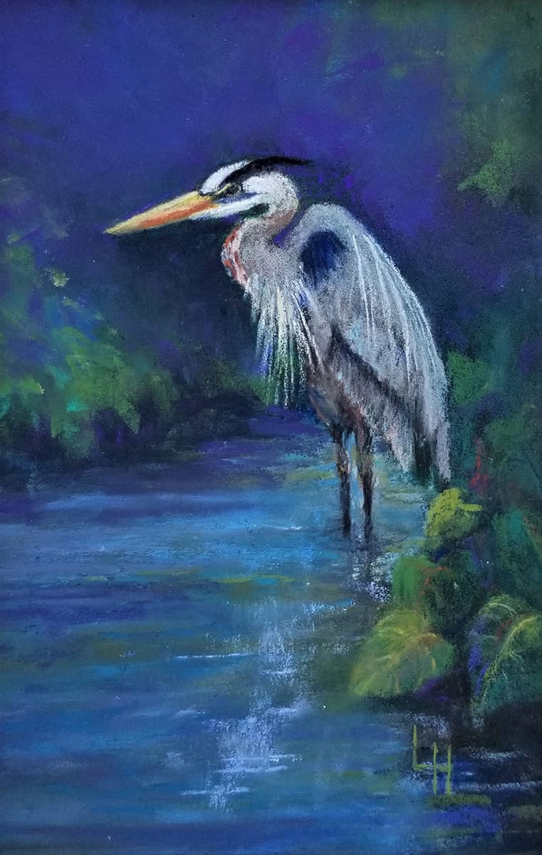 Linda Hansee "Great Blue Heron" 5x3 pastel $195.