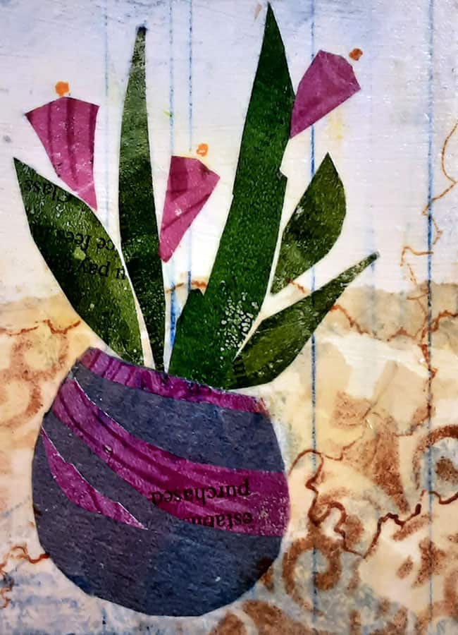 Linda Hansee "Pot with Lilies" 3.5x2.5 acrylic/collage $150. SOLD