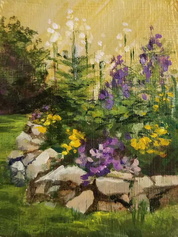 Linda Hansee "Rock Garden" 3.5x2.5 acrylic $150. SOLD