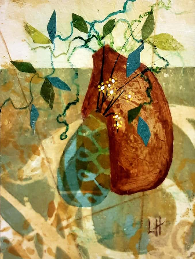 Linda Hansee "Vessel Friends" 3.5x2.5 acrylic/collage $150.