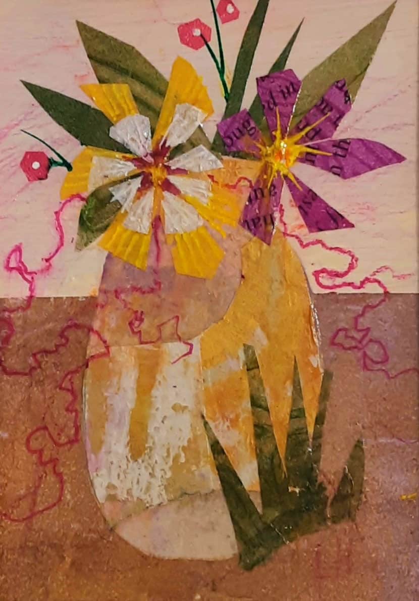 Linda Hansee "Vessel with Flowers" 3.5x2.5 acrylic/collage $150.