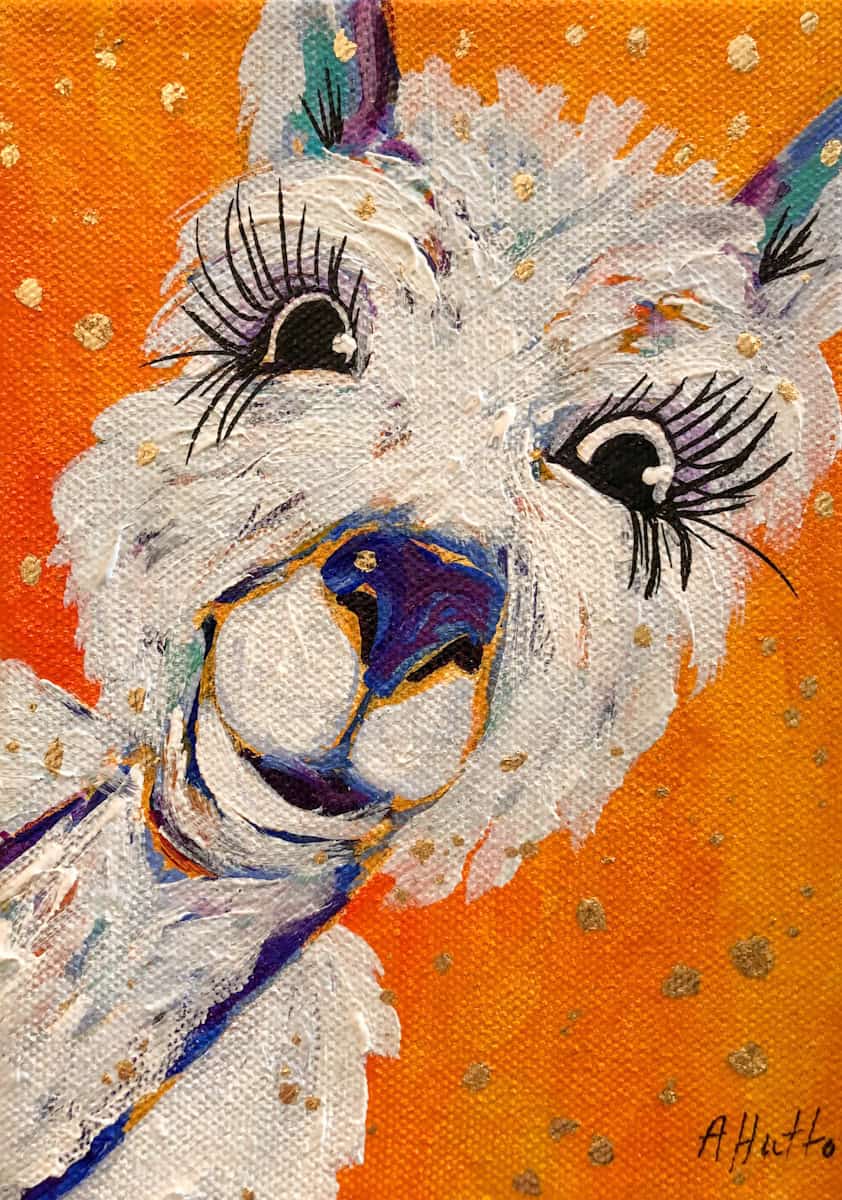 Amy Hutto "Al" (Alpaca) 7x5 acrylic/gold leaf $195. gallery wrap SOLD