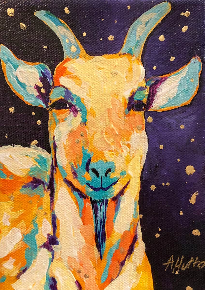 Amy Hutto "G.O.A.T" 7x5 acrylic/gold leaf $195. gallery wrap