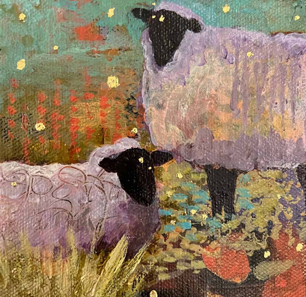 Amy Hutto "Like Two Sheeps..." (Sheep) 5x5 acrylic/gold leaf $175. gallery wrap SOLD