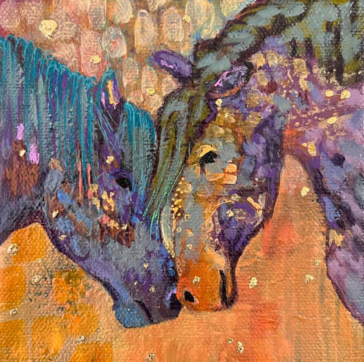 Amy Hutto "Missed You!" (Horses) 5x5 acrylic/gold leaf $175. gallery wrap