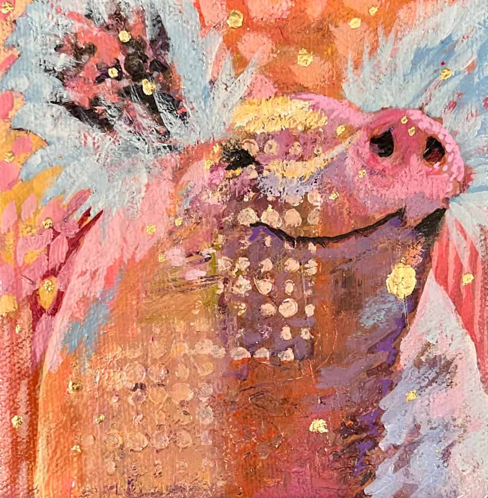 Amy Hutto "Pigmalion" (Pig) 5x5 acrylic/gold leaf $175. gallery wrap
