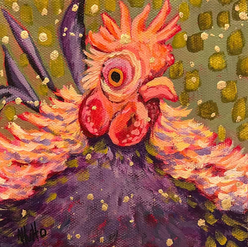 Amy Hutto "Sir Clucksalot" (Rooster) 6x6 acrylic/gold leaf $195. gallery wrap SOLD