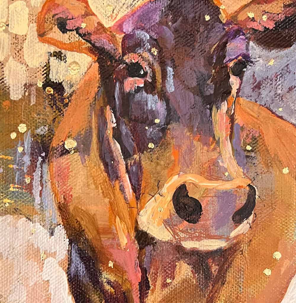 Amy Hutto "They're All My Good Side" (Cow) 5x5 acrylic/gold leaf $175. gallery wrap