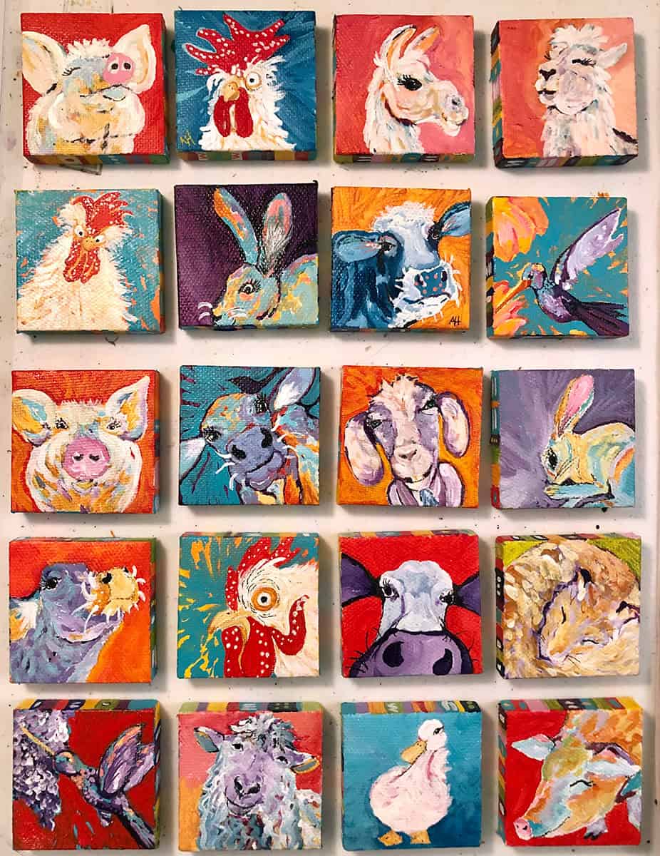 Amy Hutto "L'il Gems" 2x2 acrylic/gold leaf paintings on canvas with decorated edges (includes hand painted easel) $45. each - Sold individually