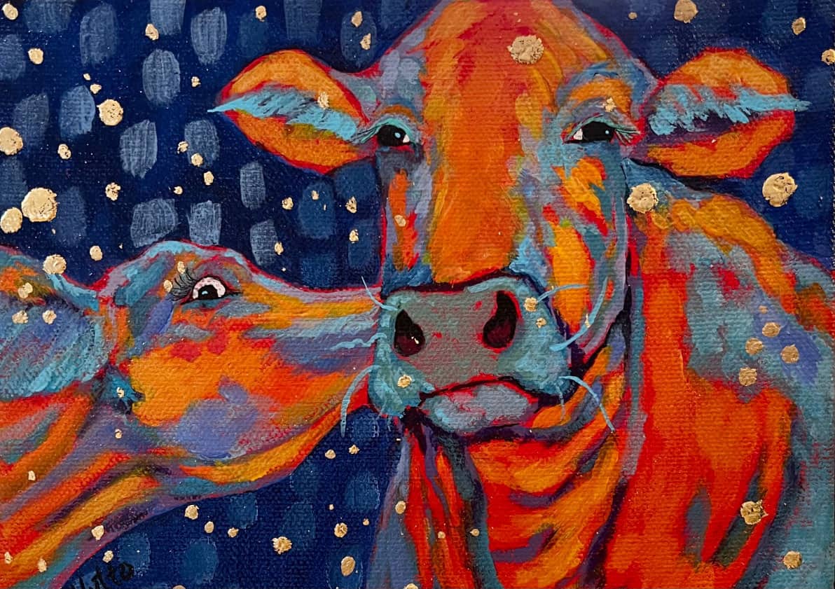 Amy Hutto "Wee Smooch" (Cows) 6x8 acrylic/gold leaf $215. gallery wrap