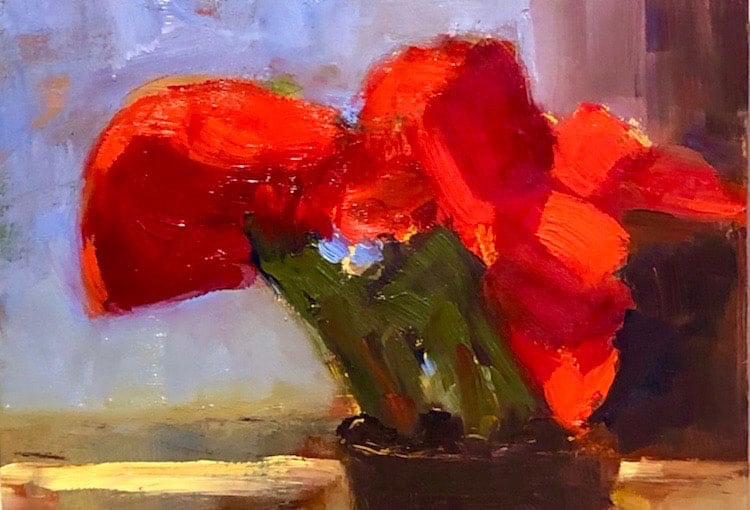 Ileen Kaplan "Poinsettia in the Window" 6x8 oil $330. INQUIRE