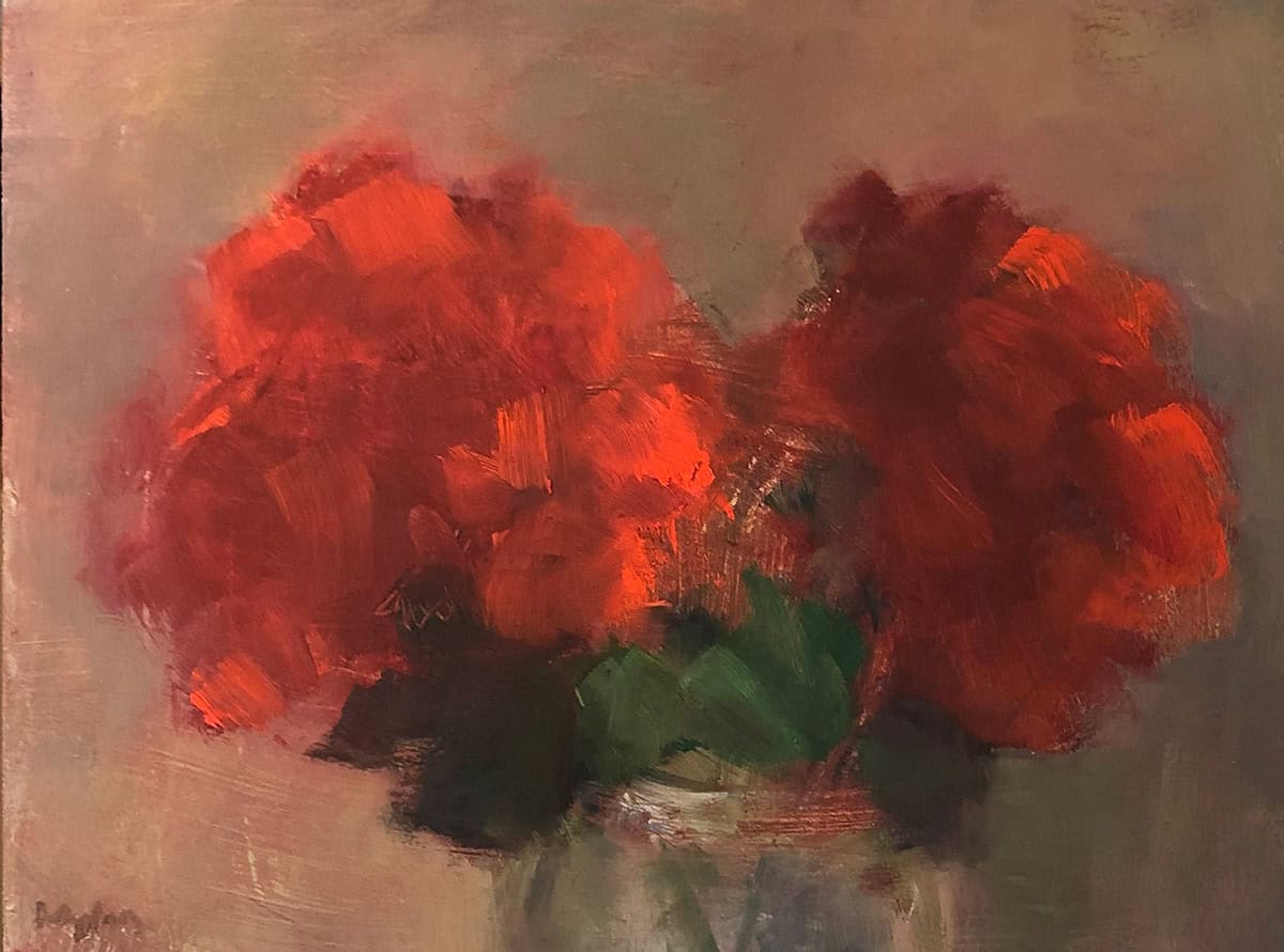 Ileen Kaplan "Two Red Geraniums" 6x8 oil $325. SOLD