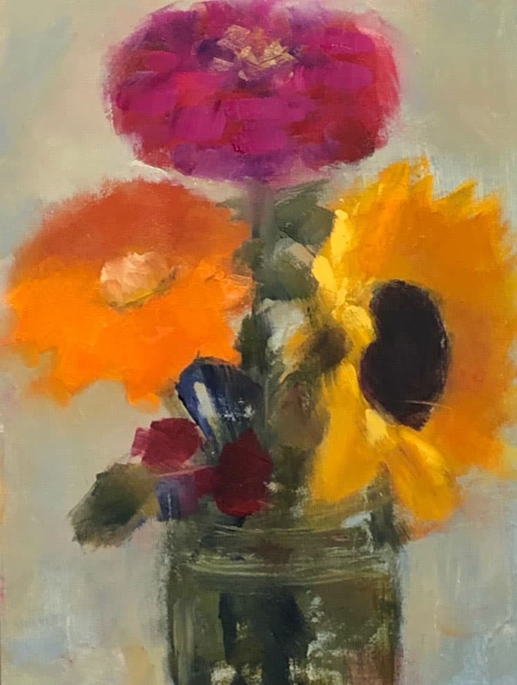 Ileen Kaplan "Zinnia and Friends" 8x6 oil $330.