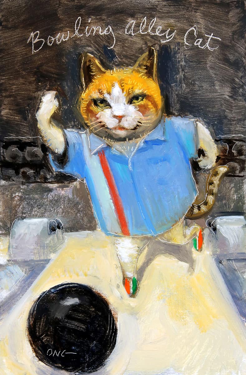 Wilson Ong "Bowling Alley Cat" 6x4 oil/board $230.