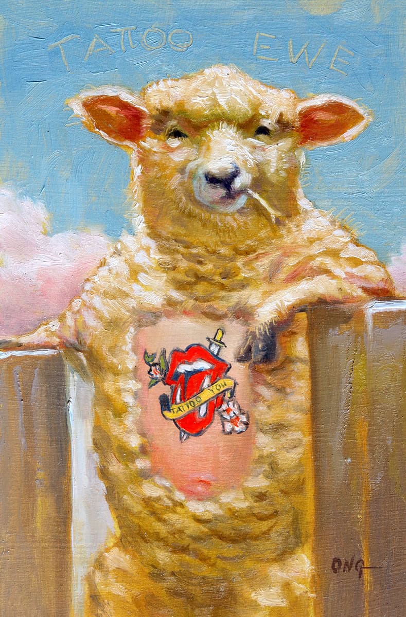 Wilson Ong "Tattoo Ewe" 6x4 oil/board $230. SOLD