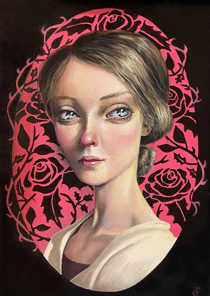Gina Pfleegor "He Who Dares Not Grasp the Thorn Should Never Crave the Rose." (Quote by Anne Bronte) 7x5 oil $420.