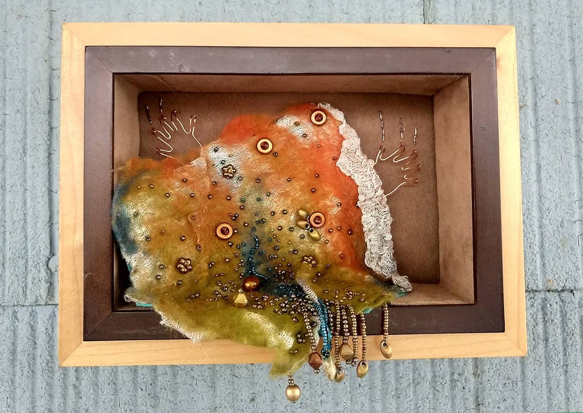 Ann Recotta "Losing My Grip" 5x7 mixed media framed bead embroidery panel $175.