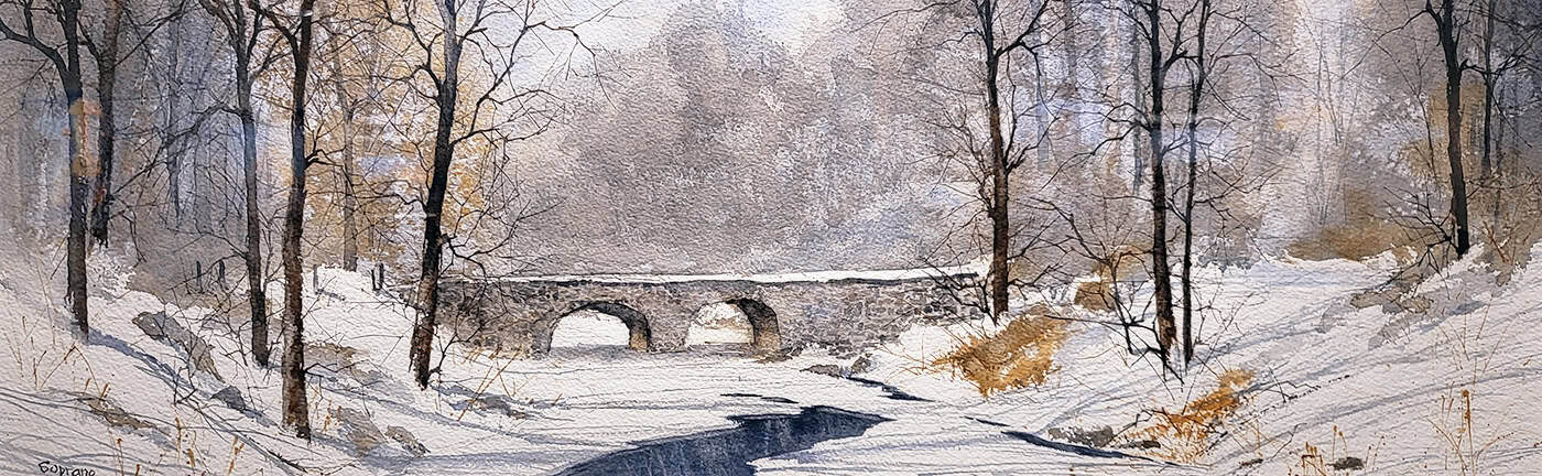Judy Soprano "Cobblestone Bridge" 9x28 watercolor $450. SOLD