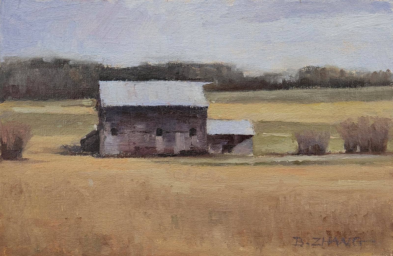 Bin Zhang "Barn in Fall Field" 8x12 oil $650.