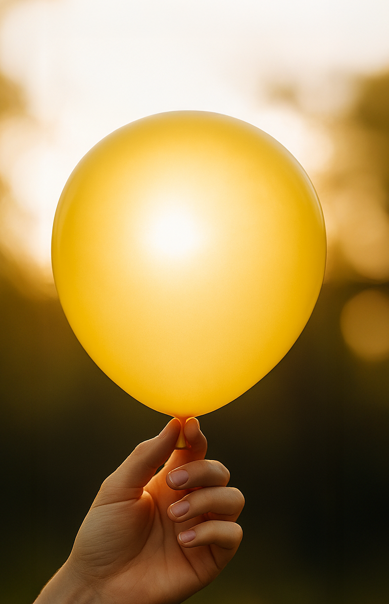 Hand met natuurlijke latexballon in warm zonlicht.