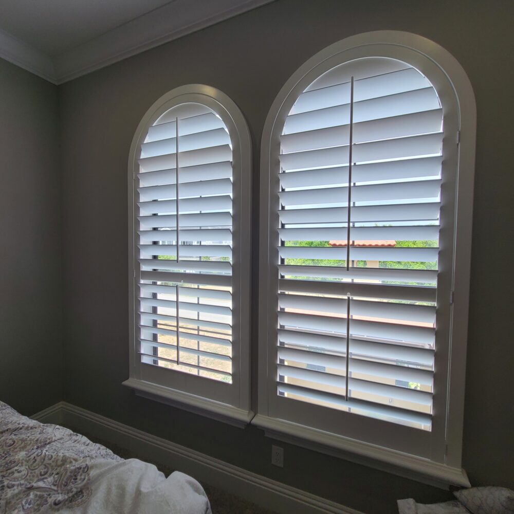 Arched Plantation Shutters With A Flat Mission Deco Frame