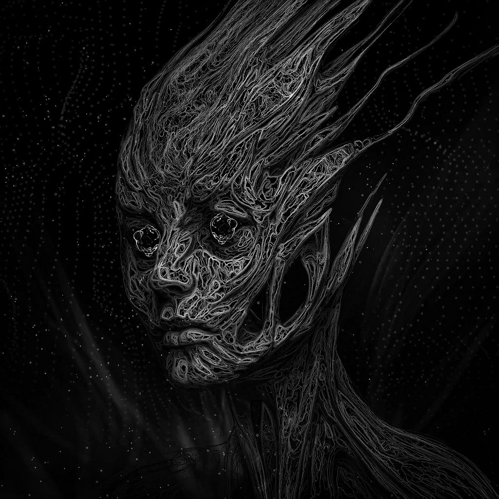 Figura humanoide digital en blanco y negro con líneas y patrones intrincados y aspecto orgánico.