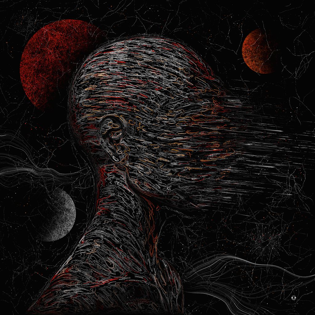 Perfil digital texturizado de figura humana disolviéndose en líneas hacia la derecha con planetas en fondo oscuro.