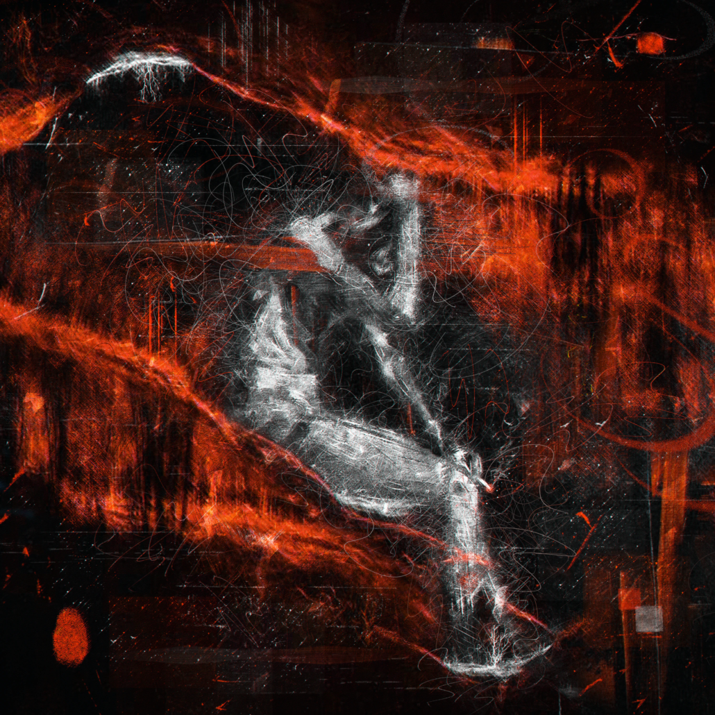 Figura masculina blanco y negro sentada, líneas y manchas con fondo abstracto en tonos oscuros y rojos.