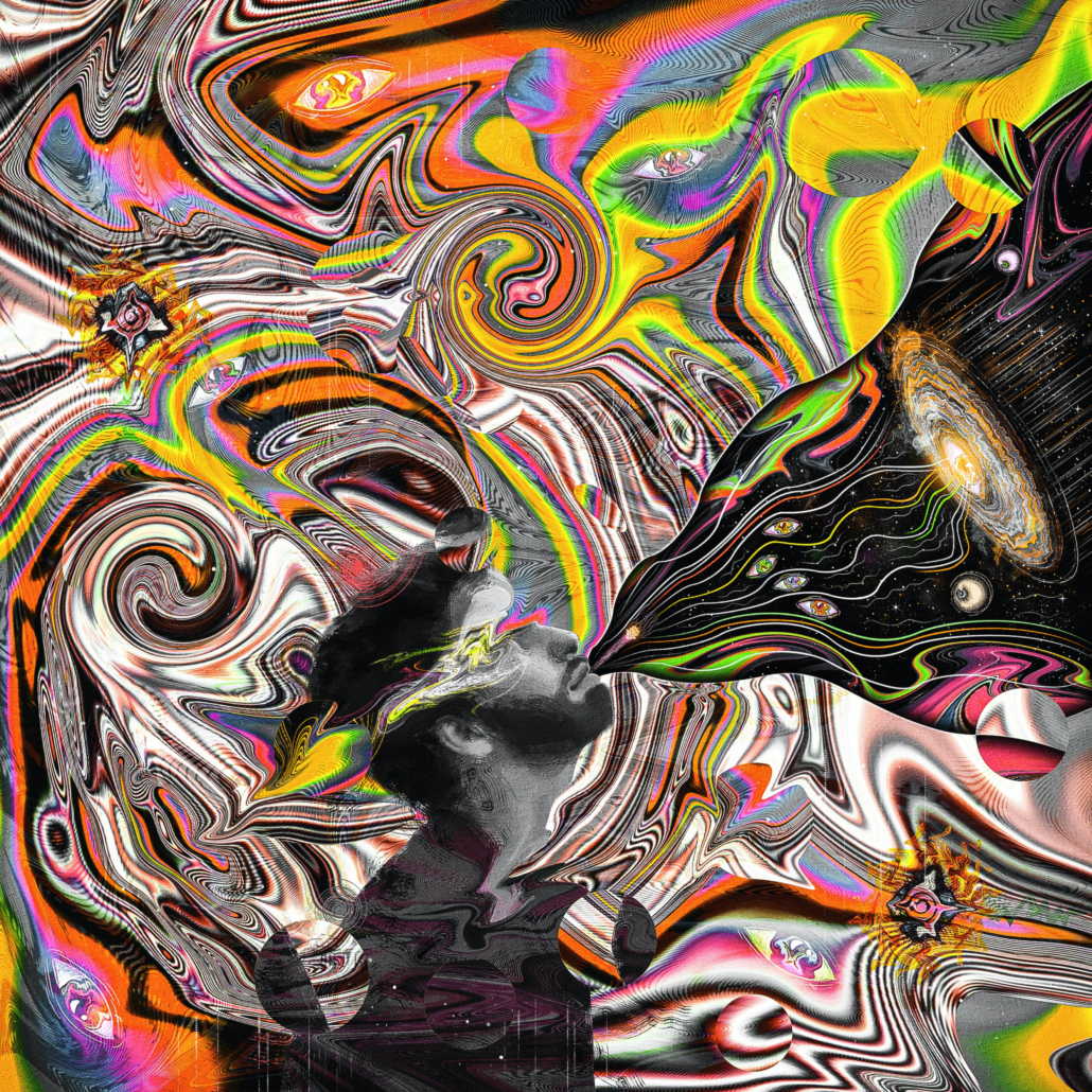 Persona de perfil exhalando galaxias y colores vivos en fondo psicodélico y patrones ondulados.