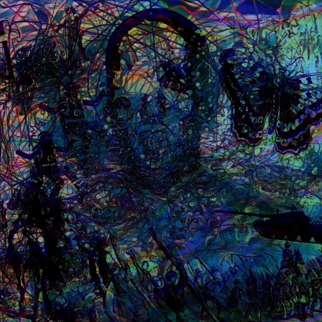 Collage con rostro humano, mariposa, figuras bélicas y fondo de líneas y colores vibrantes.